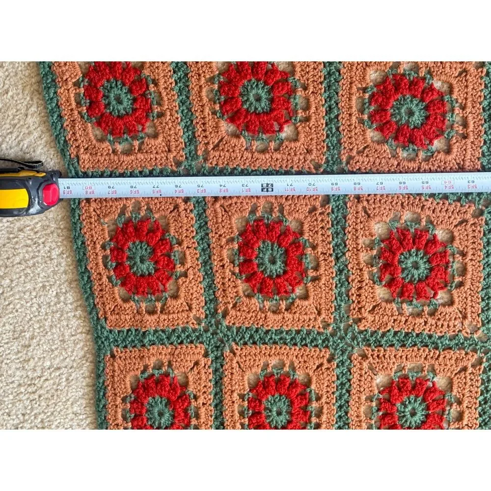 Vintage Handmade Granny Square Crochet Blanket Earth Tone Boho Throw